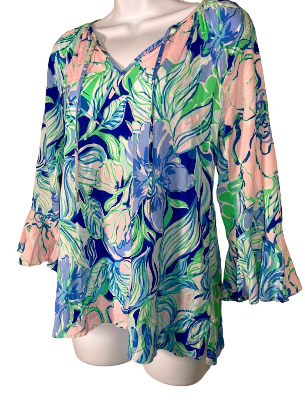 Lilly Pulitzer Willa Top XS Blue Pink Floral Flounce Sleeve Blouse - Picture 4 of 7